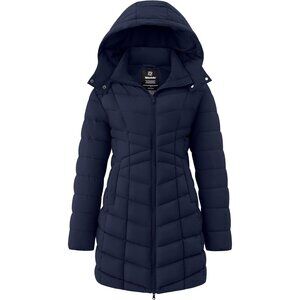 Women's Navy Blue Puffer Jacket Warm Padded Winter Coat Long Quilted Jacket